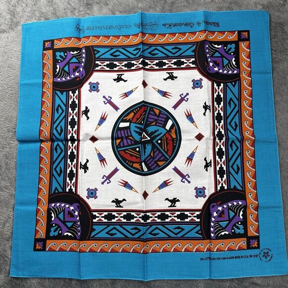 VTG Bandana‎ Handkerchief 20" x 20" Aztec Southwest Tribal Blue Cotton Blend USA - Picture 1 of 8